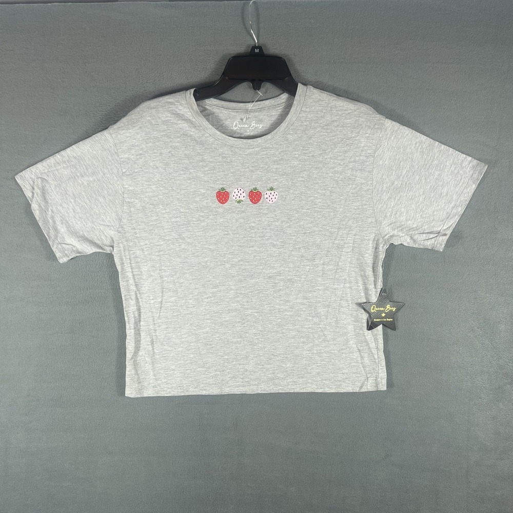 Queen Bees Women's Grey Embroidered Strawberry Cropped T-Shirt Size M New